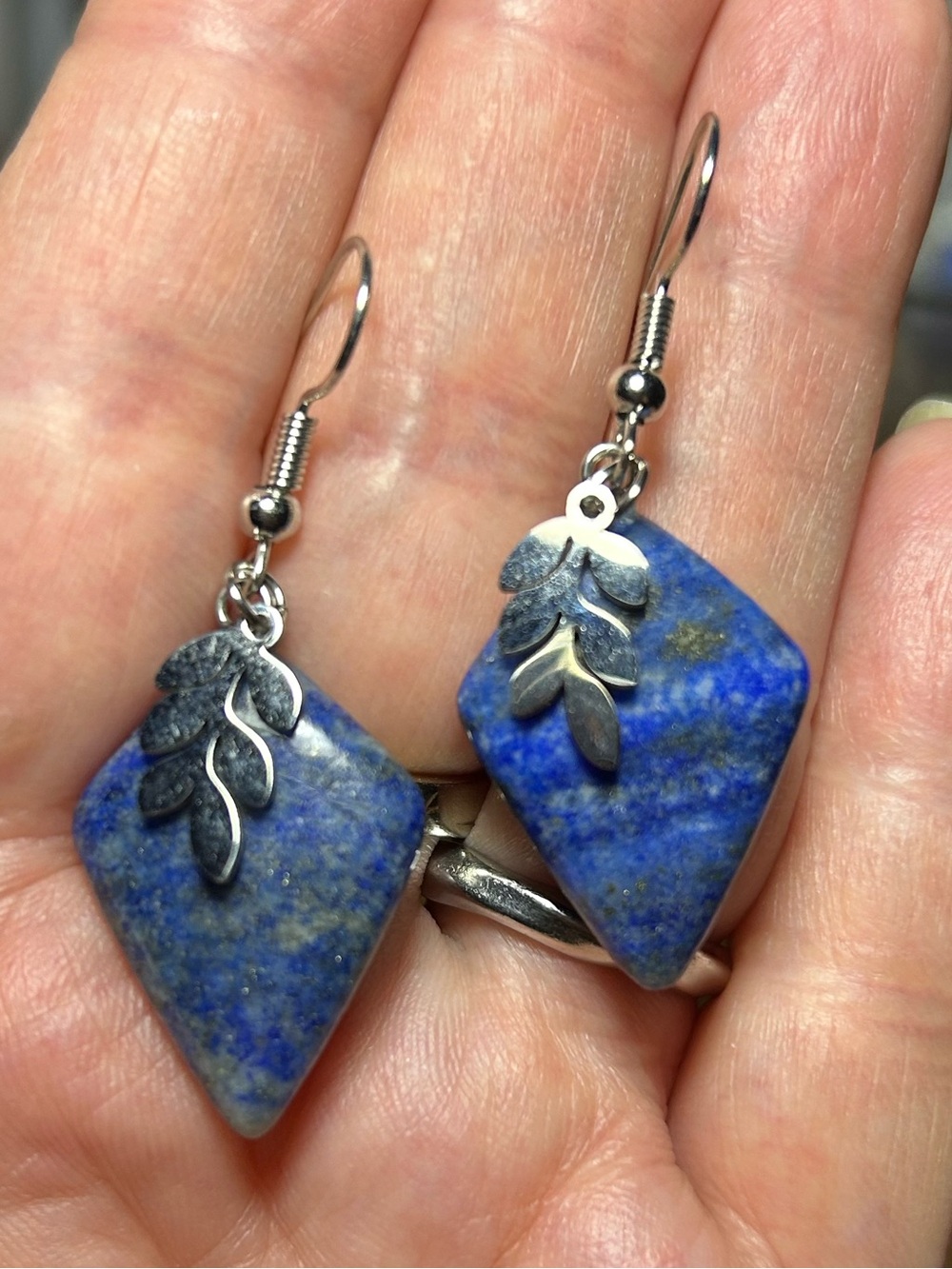 3/$25 Lapis Lazuli Drop Earrings with Silver Leaf Accent